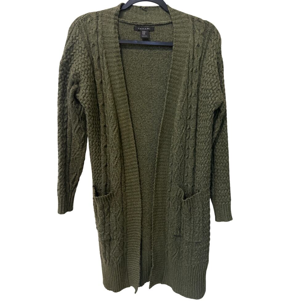 Tahari Long Green Cardigan Women's Size XS Twee Office Siren Cable Knit